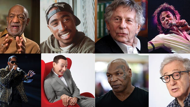 Clockwise, from top left: Bill Cosby, Tupac Shakur, Roman Polanski, Michael Jackson, Woody Allen, Mike Tyson, Paul Reubens, R. Kelly.