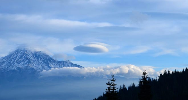 The lenticular clouds that are seen so often around Mount Shasta have helped spawn many stories about magical, mystical Mount Shasta. According to Bill Miesse, a researcher and author, “Lenticular clouds really look great, they look magical, they're just standing still, and they just blow your mind, cause like how can that be? Must be a UFO.” Miesse will be sharing his research into this subject in his presentation on Thursday, April 19, at 7 p.m. at Mt. Shasta Sisson Museum. Contributed photo by Pauline Uri