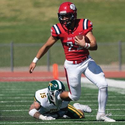 Former College of the Siskiyous football player Drew Kannely-Robles runs down the field for the Dixie State Trailblazers during a game last season.                                        
                                                                     Submitted Photo