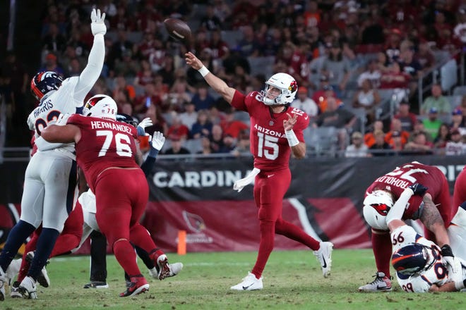 Aug. 11: Arizona Cardinals quarterback Clayton Tune (15) throws a pass against the Denver Broncos during the first half at State Farm Stadium in Glendale, Arizona. The Cardinals rallied to win 18-17.