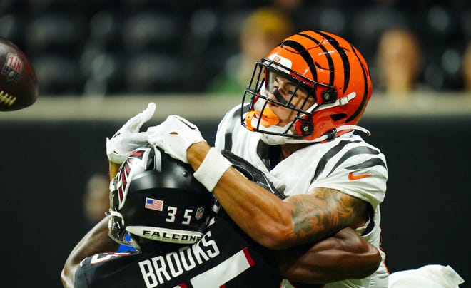 Aug. 18: Atlanta Falcons cornerback Natrone Brooks breaks up a pass intended for Cincinnati Bengals wide receiver Andrei Iosivas.