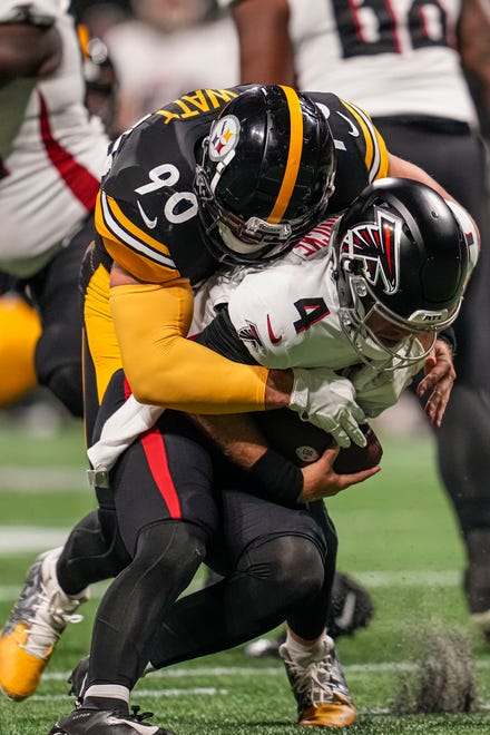 Aug. 24: Pittsburgh Steelers linebacker T.J. Watt (90) sacks Atlanta Falcons quarterback Taylor Heinicke.