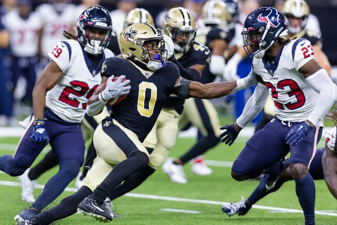 Aug. 27: New Orleans Saints safety Ugo Amadi (0) returns a punt against the Houston Texans at the Caesars Superdome.