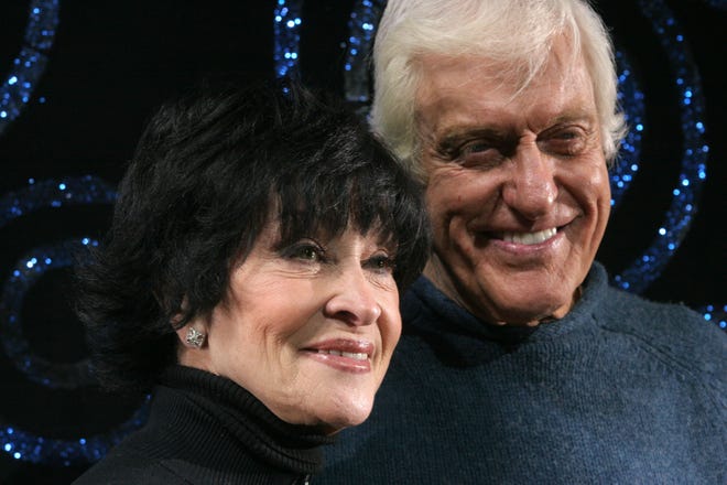 Chita Rivera, left, and Dick Van Dyke are interviewed by the media on the stage of Broadway's Schoenfeld Theater on Jan. 24, 2006 in New York as they reunited onstage for the first time in more than 45 years since they co-starred in the musical "Bye Bye Birdie."