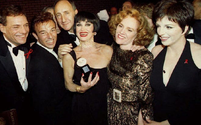 From left, 1993 Tony Award winners Ron Leibman, best actor in a play; Wayne Cilento, best choreography; Pete Townshend, best musical score; Chita Rivera, best actress in a musical; Madeline Kahn, best actress in a play; and Tony Awards hostess Liza Minnelli pose backstage after the show.