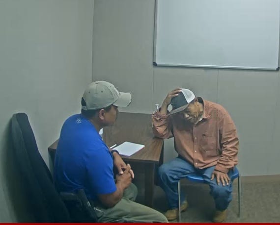 Nouan Mokthephathai, right, is interviewed by an investigator on April 24, 2020.
