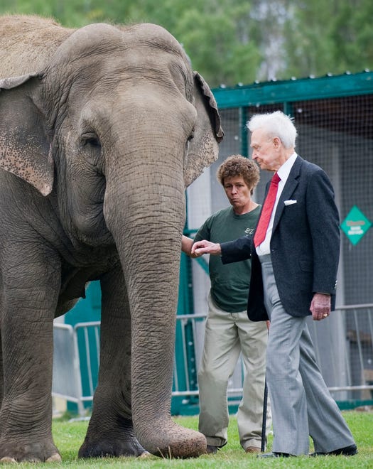 Barker meets Lucy the elephant at the River Valley Zoo in Edmonton, Canada, on Sept. 17, 2009. Barker campaigned for Lucy to be  transferred to an elephant reserve in California.