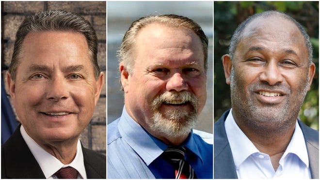 From left to right: Redding City Council candidates Mark Mezzano and Jack Munns, and Shasta College Board of Trustees candidate Stephen Bell.