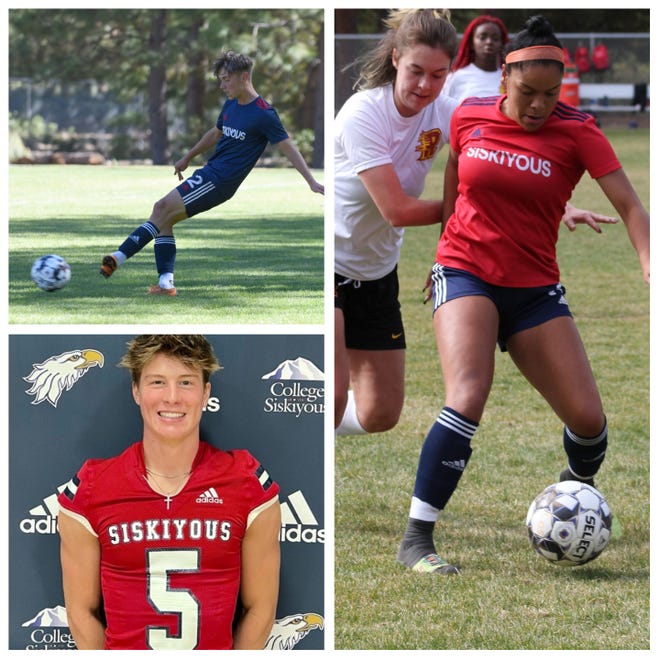 College of the Siskiyous soccer players Makenna Maldonado (right), Luke Bishop (left) and Karson Boschma (bottom right) were among nine Eagles athletes who have signed letters of intent during the 2021-2022 season.