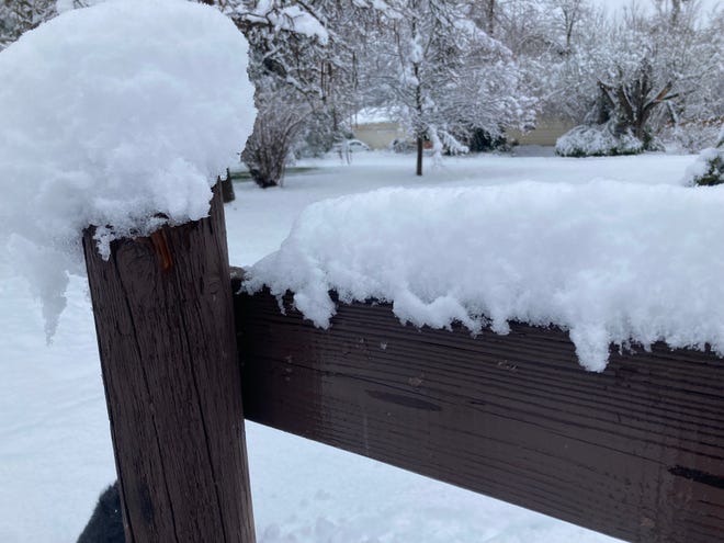The National Weather Service said there were reports of 5 to 8 inches of snow in the Redding area Friday.