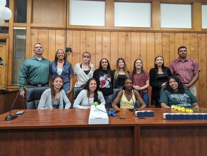 From top row to bottom, left to right: Weed girls basketball coach Kent Cunningham, incoming senios Renaissance Johnson, Dawn Willis, Kimmy Mathes, Jimena Ceballos, graduated seniors Mia Cunningham, Sophia Gonzalez and assistant coach Dallas Lane. Incoming sophomore Brooklyn Bivens, graduated senior Abigail Escobedo, sophomore Alayja Oliver and assistant coach Destinee Jones received CIF Northern Section rings after becoming the first girls team from Weed to win a title.