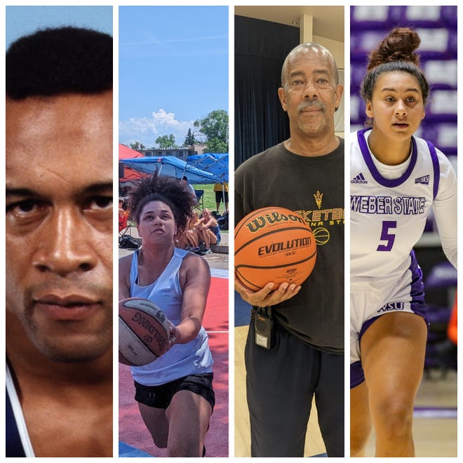 U.S. Olympic silver medalist Greg Gibson (left), former Western Athletic Conference Defensive Player of the Year Kamira Sanders (center left), Central Valley coach Lawrence Wingate (center) and former Weber State forward Jadyn Matthews (right) are among 27 African-Americans who have helped elevate sports in Shasta County.